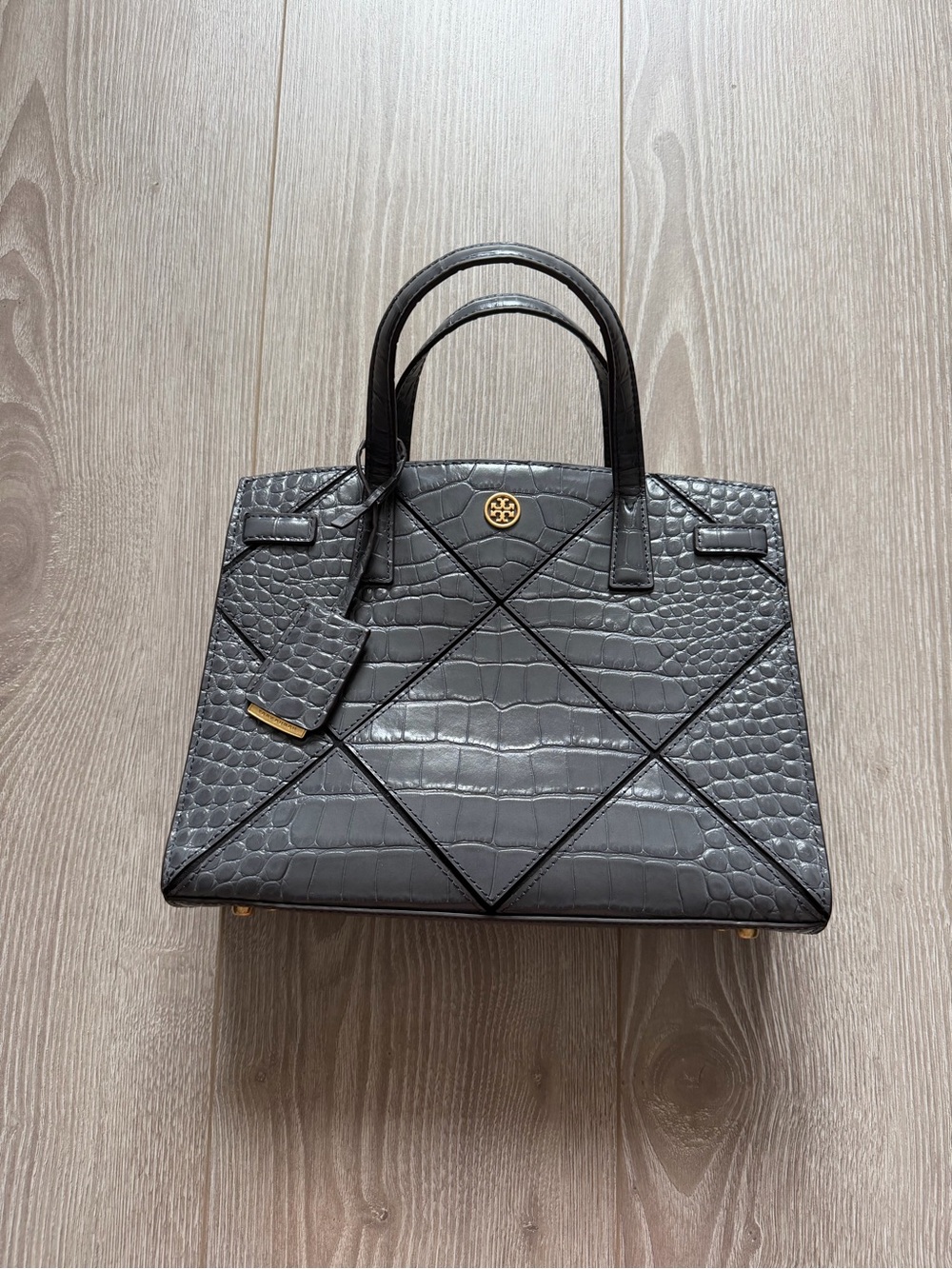 Tory Burch Walker Diamond Embossed Croc Leather Grey Satchel sophisticated luxe